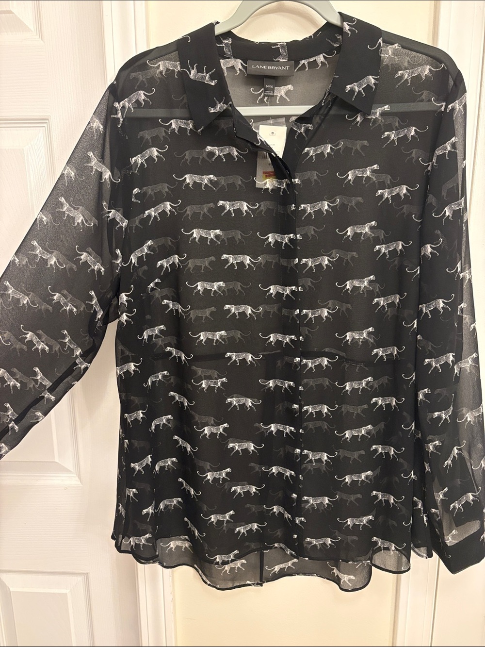NWT Lane Bryant Black Sheer Button-Front Shirt with White Animal Print